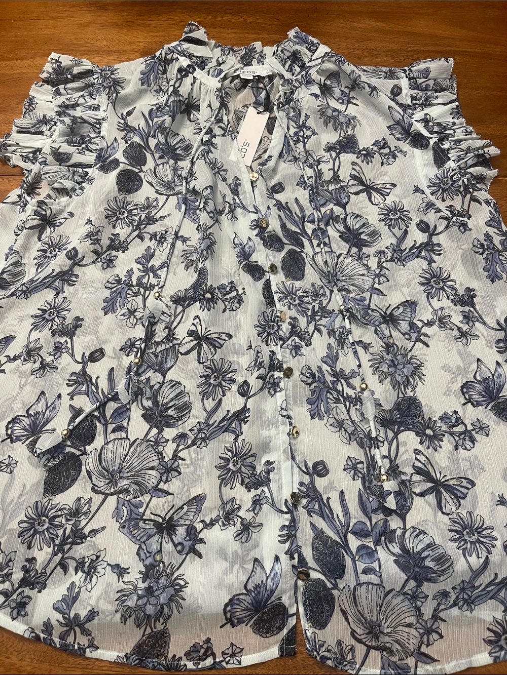 Nwt Chicos Blue Floral Ruffle Sleeve Button-Front Blouse Oh My Sz 1 Med